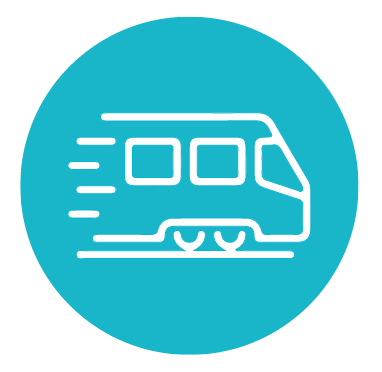 Icon ng puting tren sa liwanag na bilog